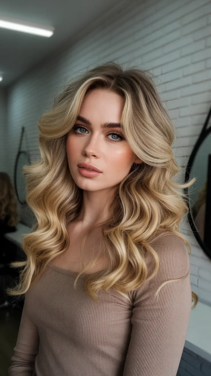 cute spring balayage hair color ideas 2026 Voluminous Golden Blonde with Retro-Inspired Layers