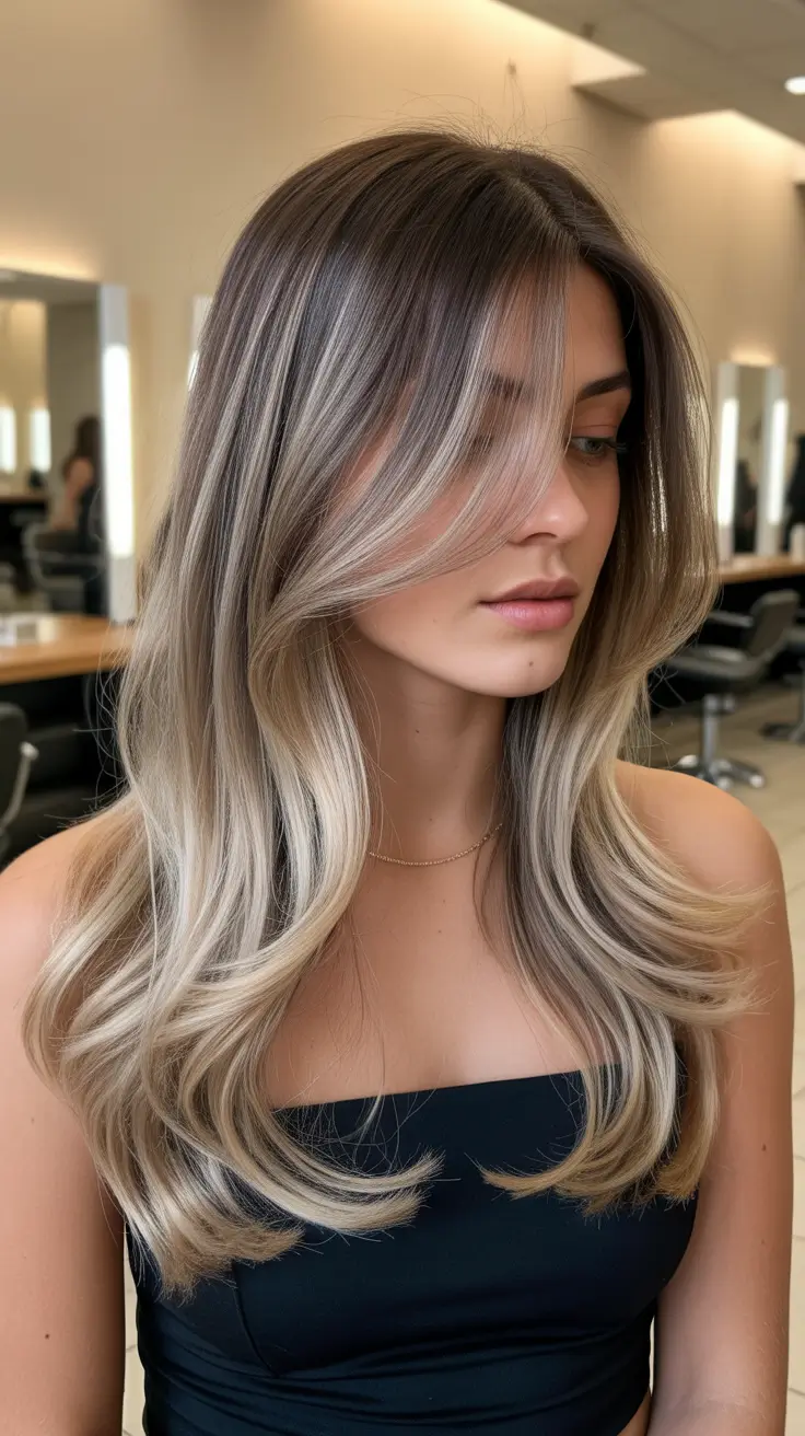cute spring balayage hair color ideas 2026 Cool Mushroom Brunette with Silky Blonde Veil