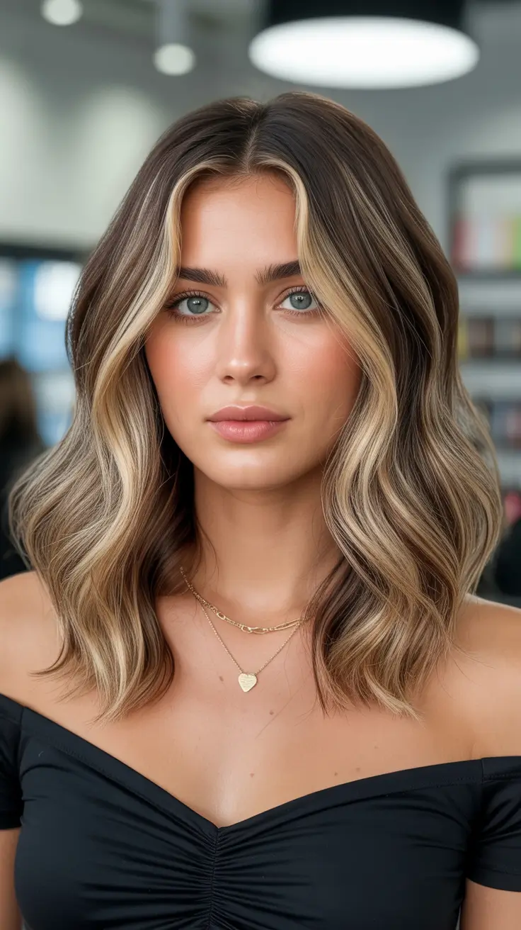 cute spring balayage hair color ideas 2026 Balanced Brunette with Face-Framing Blonde Highlights