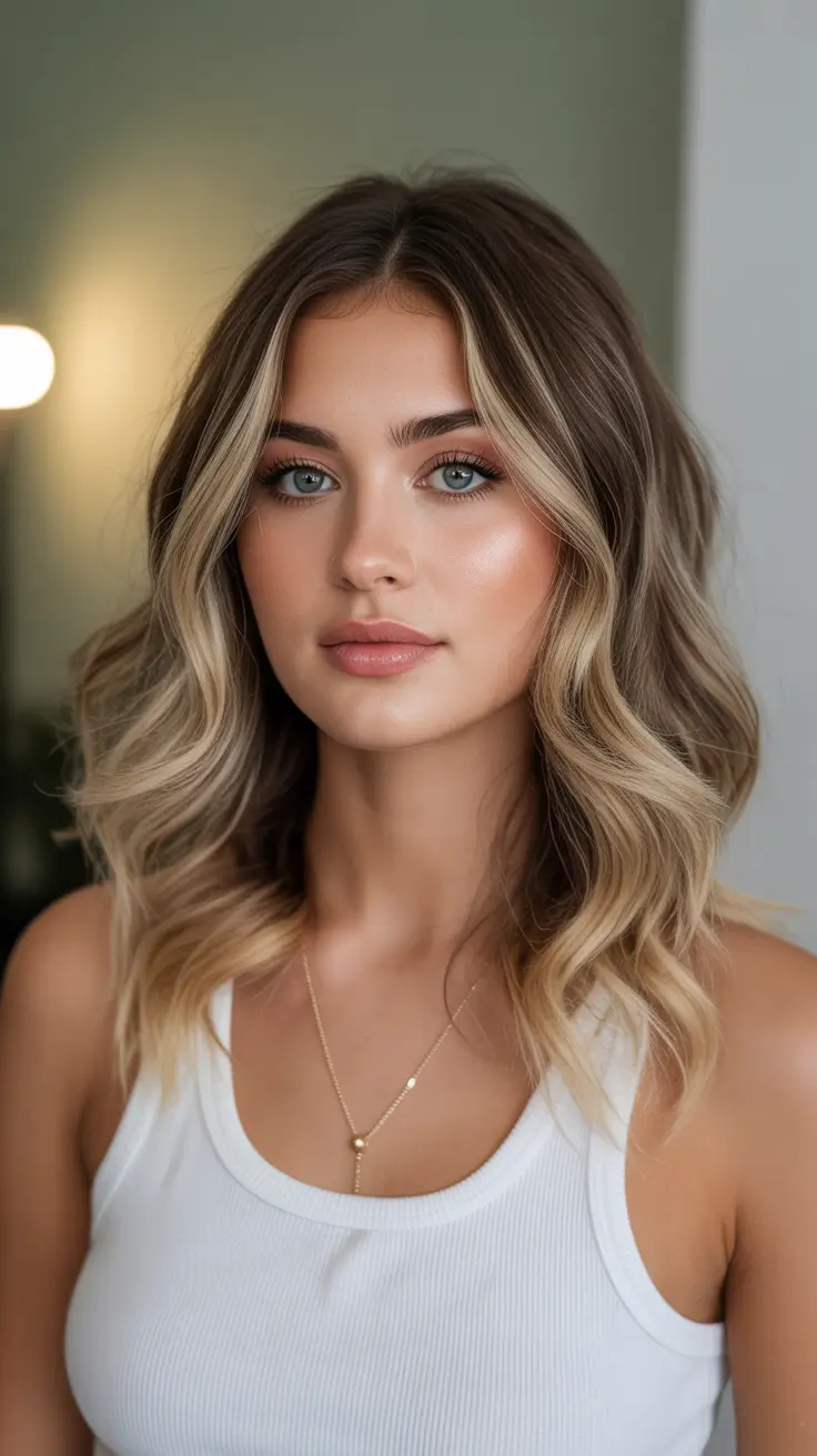 cute spring balayage hair color ideas 2026 Soft Golden Waves with Neutral Depth