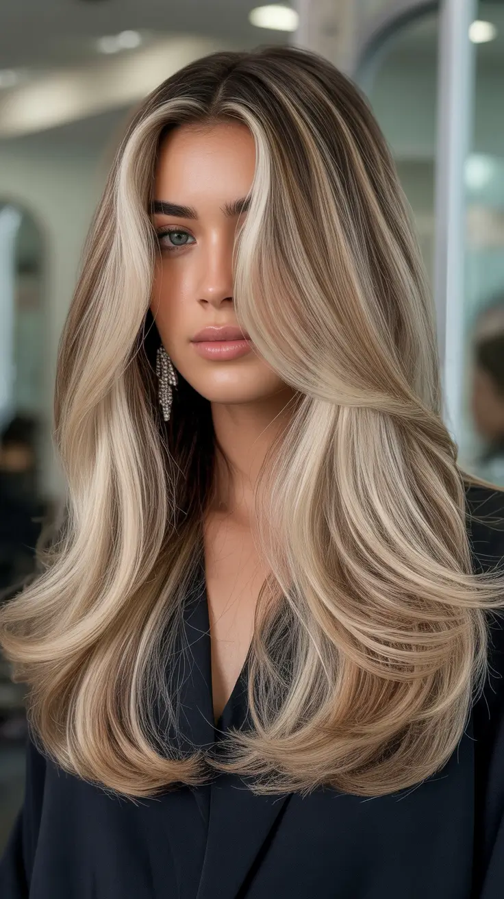 cute spring balayage hair color ideas 2026 Voluminous Champagne Blonde with Deep Shadow Root
