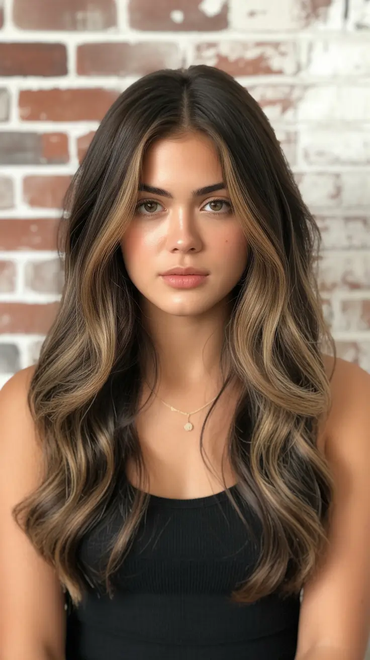 cute spring balayage hair color ideas 2026 Deep Chocolate Waves with Caramel Ribbons