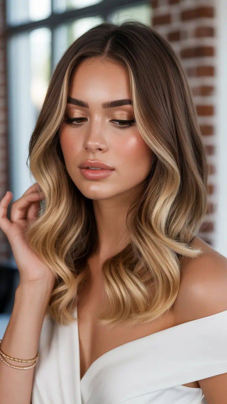 cute spring balayage hair color ideas 2026 Golden Beige Balayage with Polished Shine