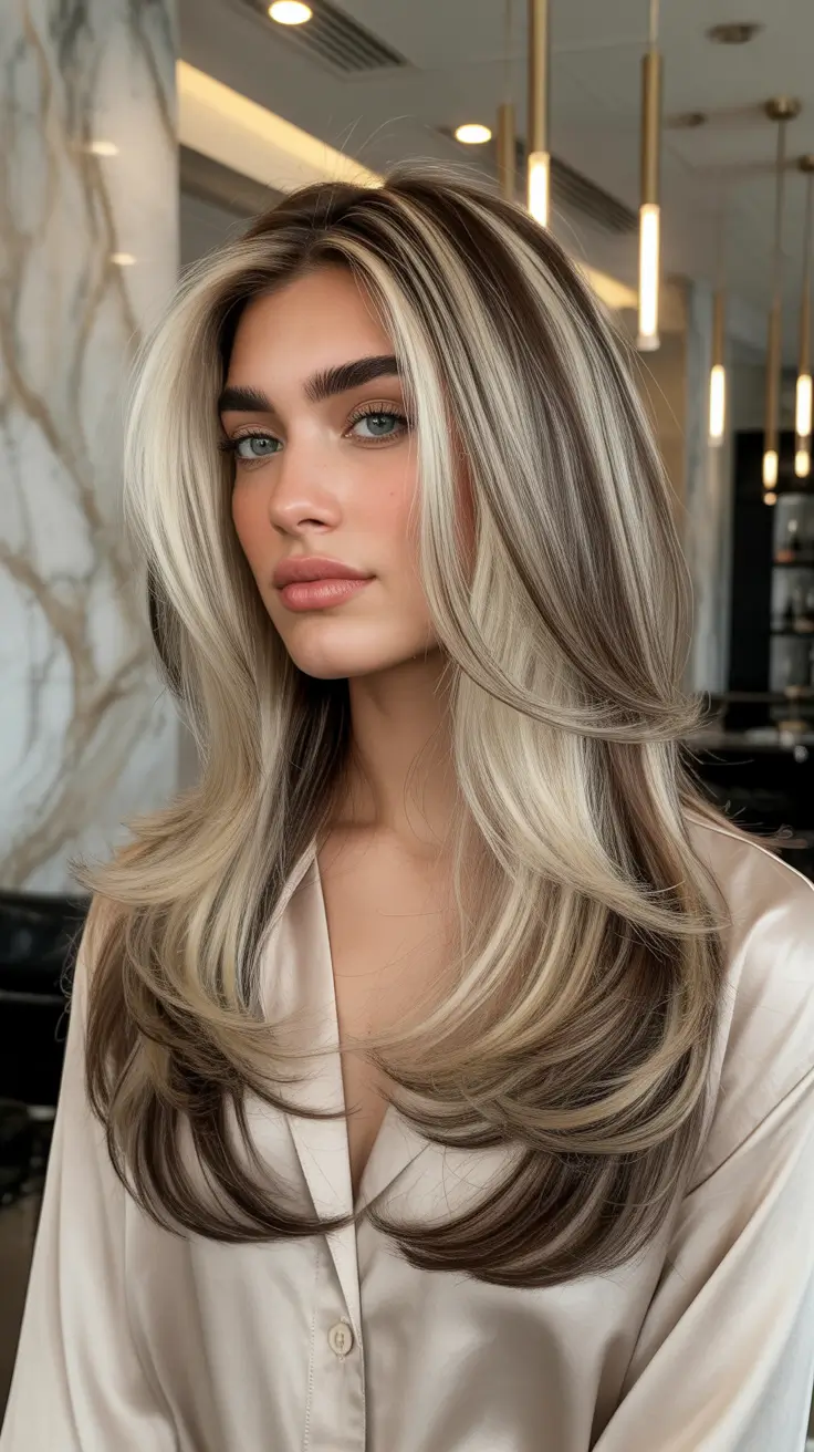cute spring balayage hair color ideas 2026 Layered Mocha Melt with Creamy Blonde Contour