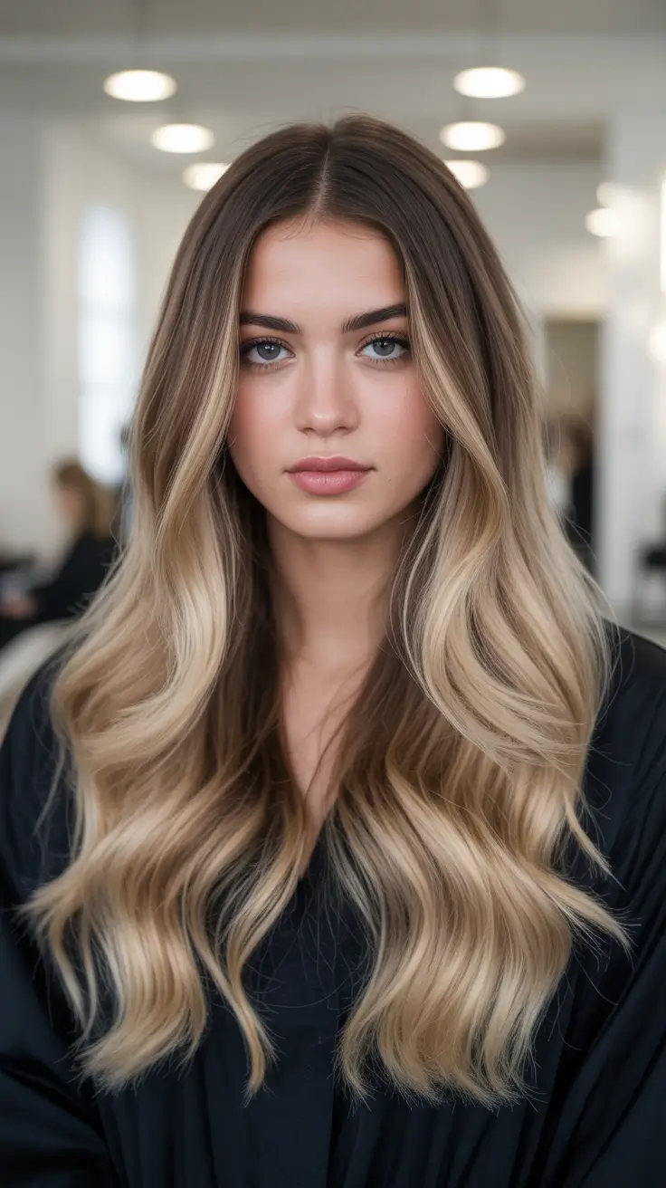 cute spring balayage hair color ideas 2026 Neutral Beige Balayage with Seamless Ombre Flow