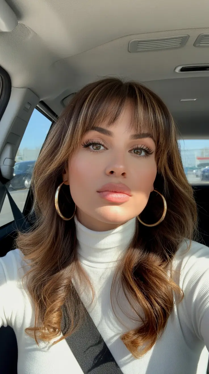 cute spring caramel hair color 2026 Caramel Bangs and Soft Brunette Layers with Retro Energy