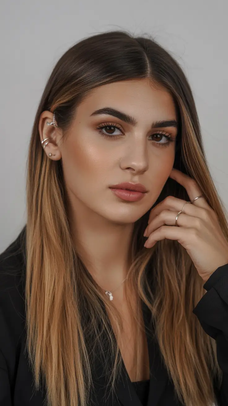 cute spring caramel hair color 2026 Sleek Dark Brown with Minimal Caramel Threads