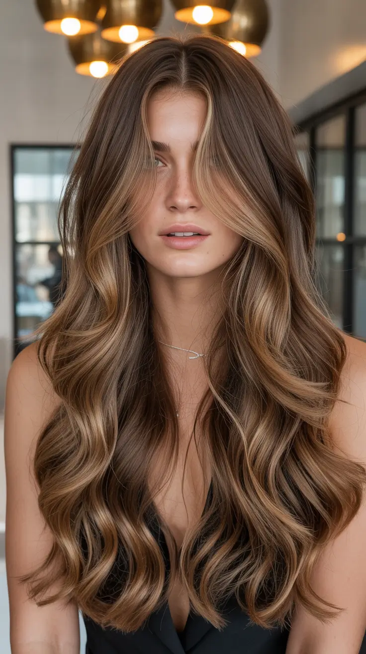 cute spring caramel hair color 2026 Soft Caramel Contour on Dark Brown Medium Lengths