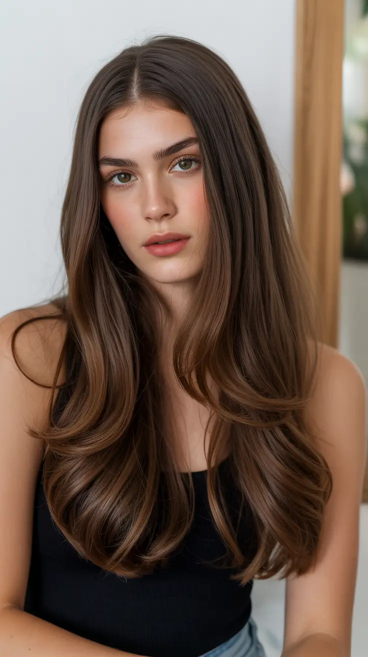 cute spring caramel hair color 2026 Deep Chocolate Brunette with Subtle Caramel Glow