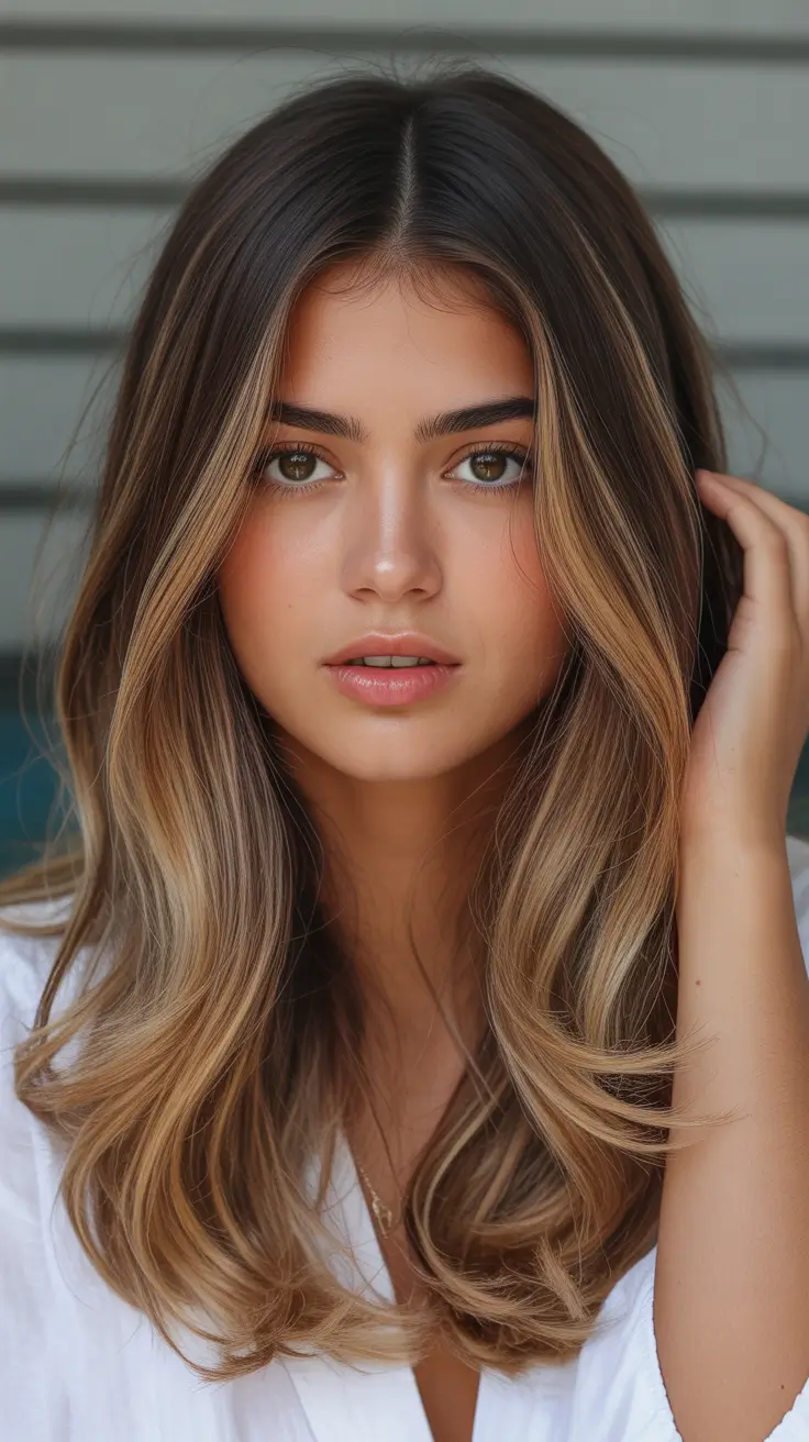 cute spring caramel hair color 2026 Soft Face-Framing Caramel Highlights on Layered Brunette