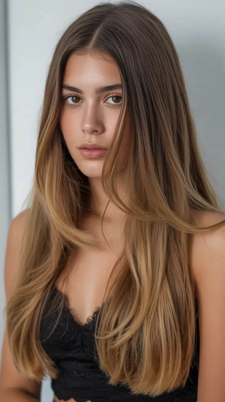 cute spring caramel hair color 2026 Long Sleek Brunette with Seamless Caramel Veil