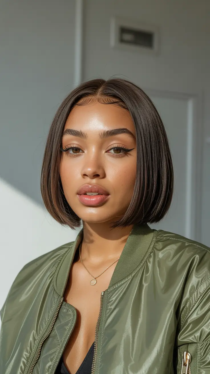 easy spring hairstyle for black women 2026 Precision Blunt Bob with Glass Shine