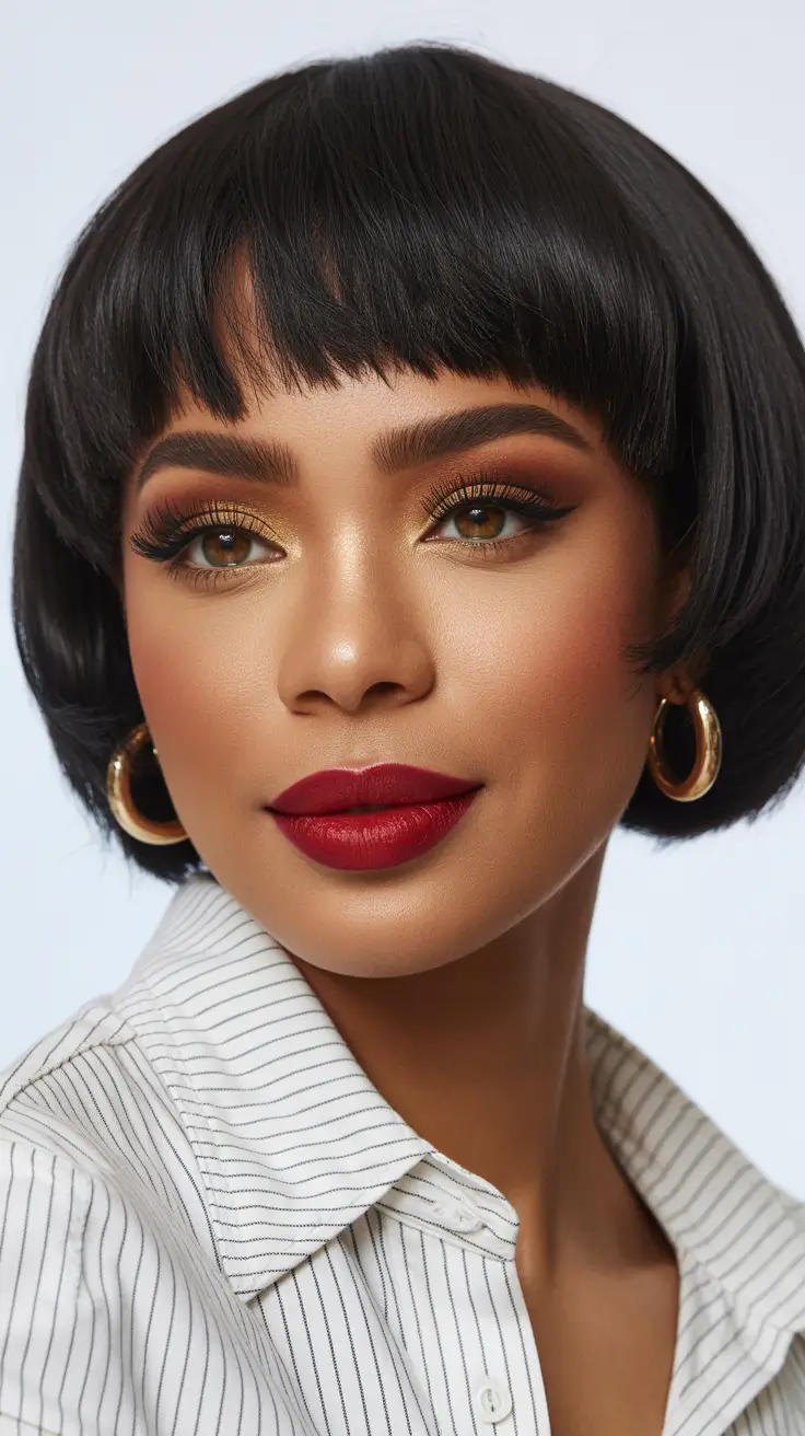 easy spring hairstyle for black women 2026 Classic Sculpted Short Bob with Micro Fringe