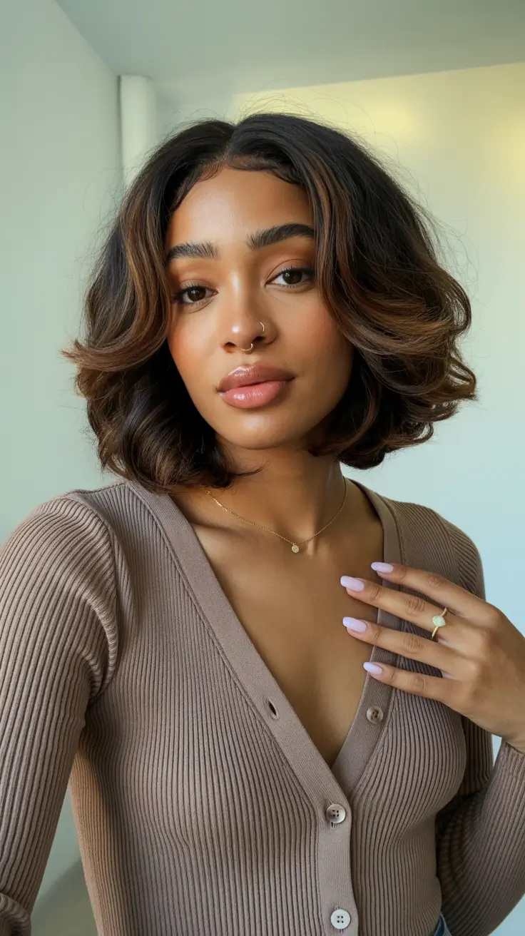easy spring hairstyle for black women 2026 Chocolate Layered Bob with Soft Volume