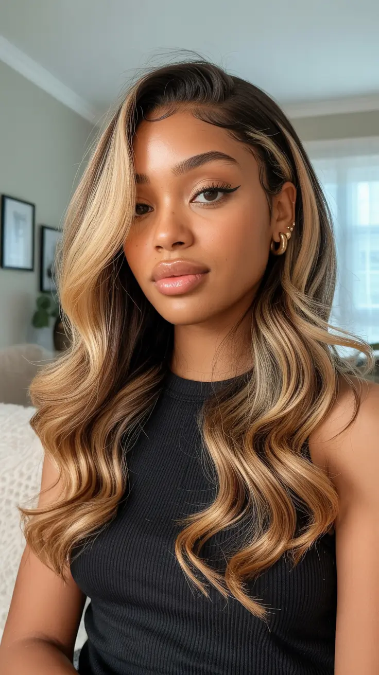 easy spring hairstyle for black women 2026 Honey Balayage Long Waves