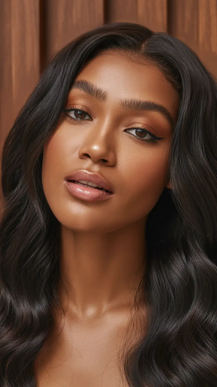 easy spring hairstyle for black women 2026 Glossy Center-Part Waves with Natural Depth