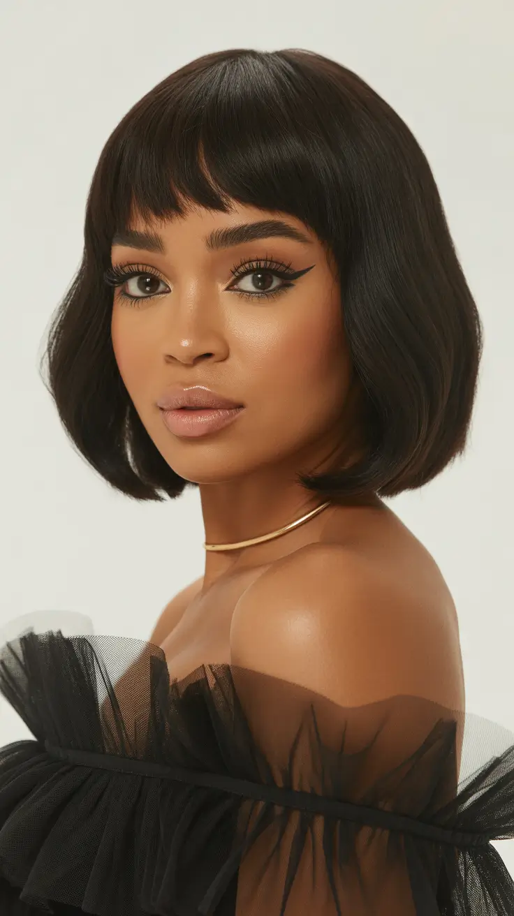 easy spring hairstyle for black women 2026 Classic French Bob with Soft Micro Bangs