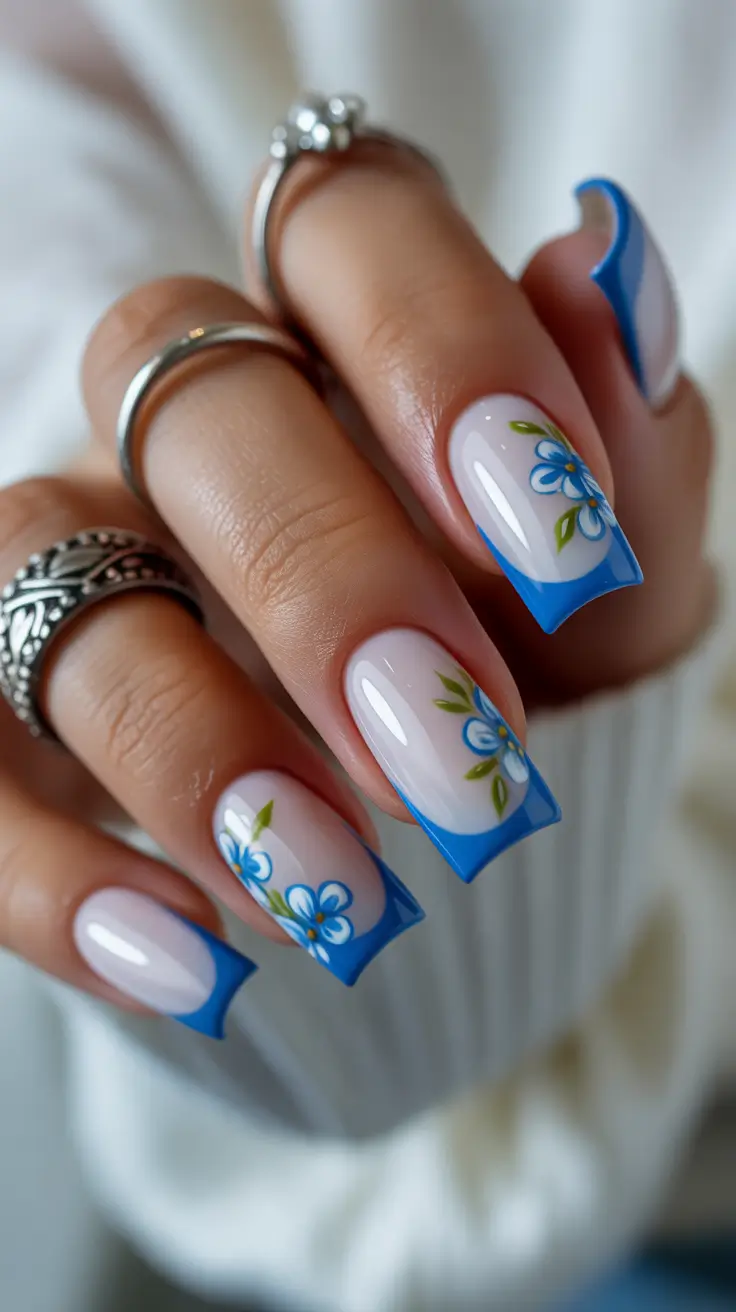 easy spring nails 2026 Blue French with Floral Detail