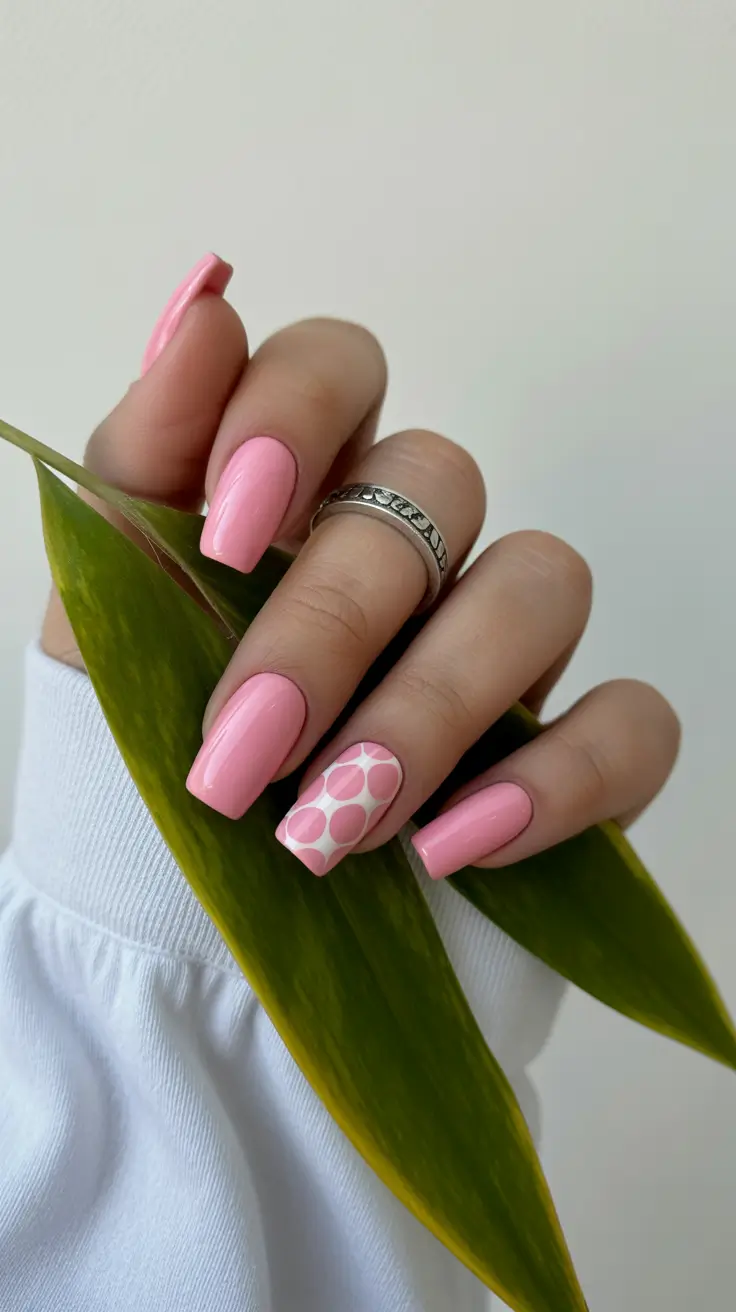 easy spring nails 2026 Soft Pink with Retro Dot Accent