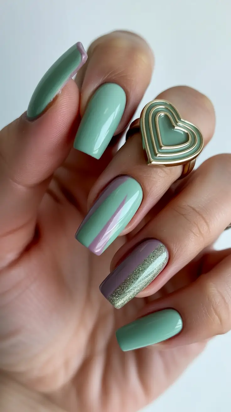 easy spring nails 2026 Mint and Lavender Color Block with Glitter Accent