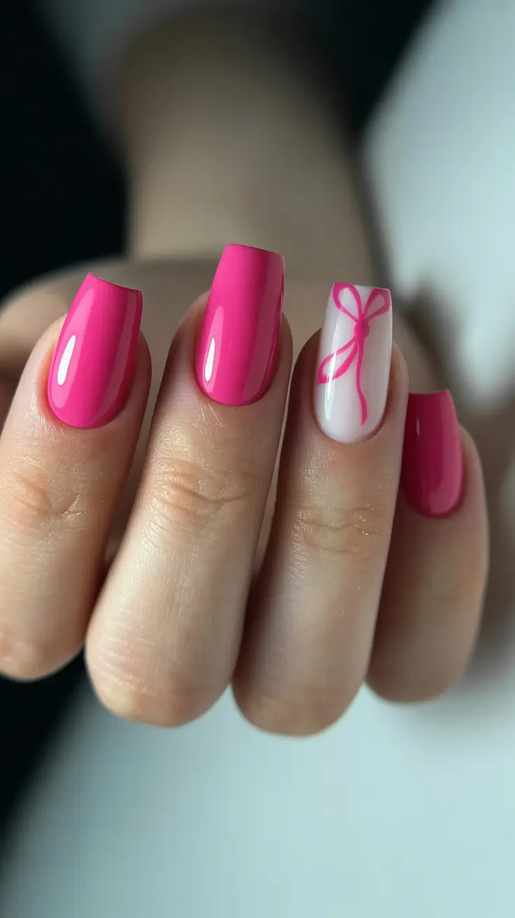 easy spring nails 2026 Hot Pink Gloss with Minimal Bow Detail