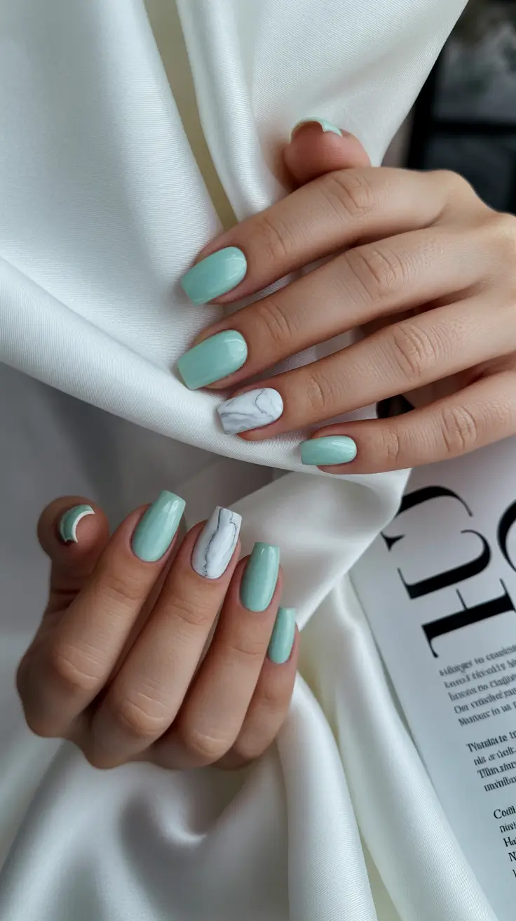 easy spring nails 2026 Mint Marble Minimalism