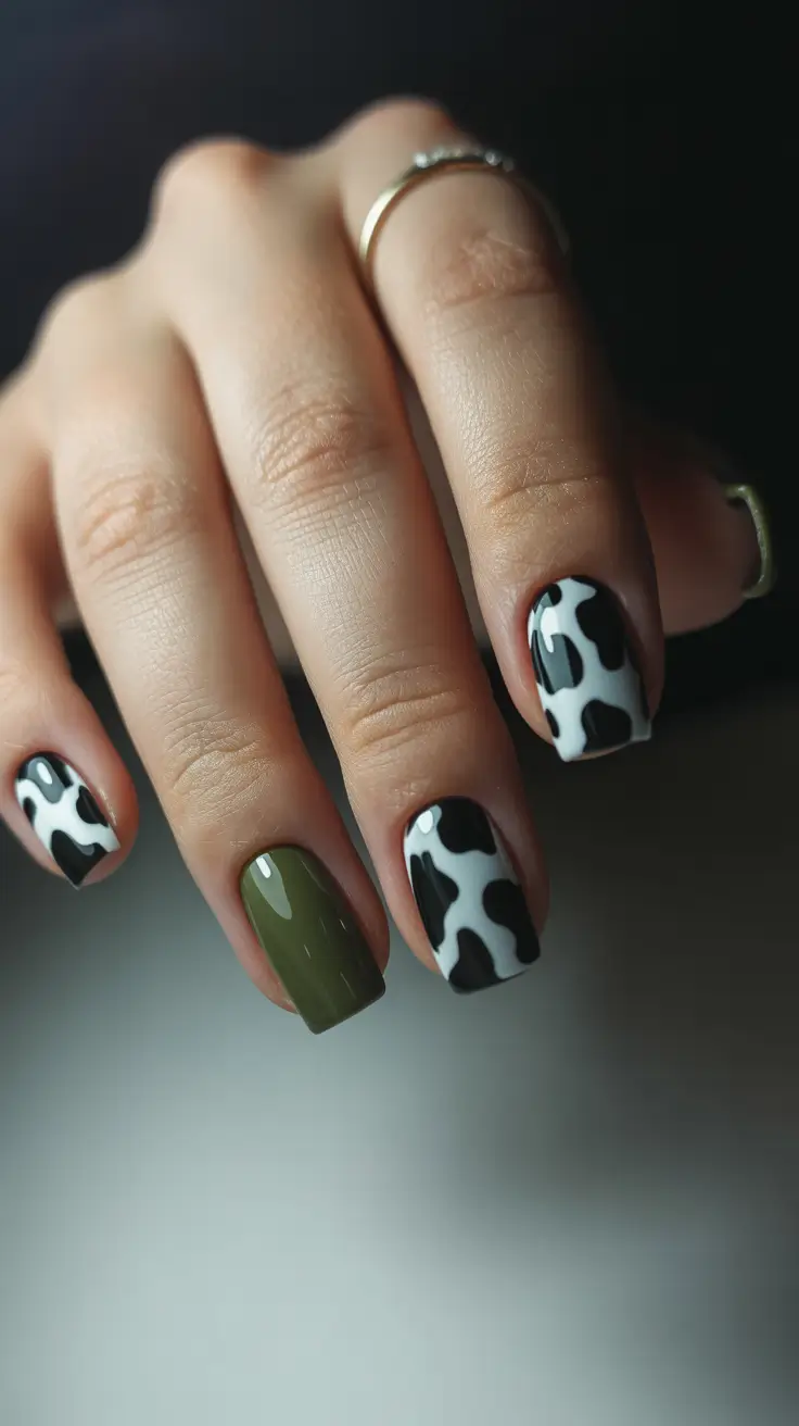 easy spring nails 2026 Olive Green and Cow Print Contrast