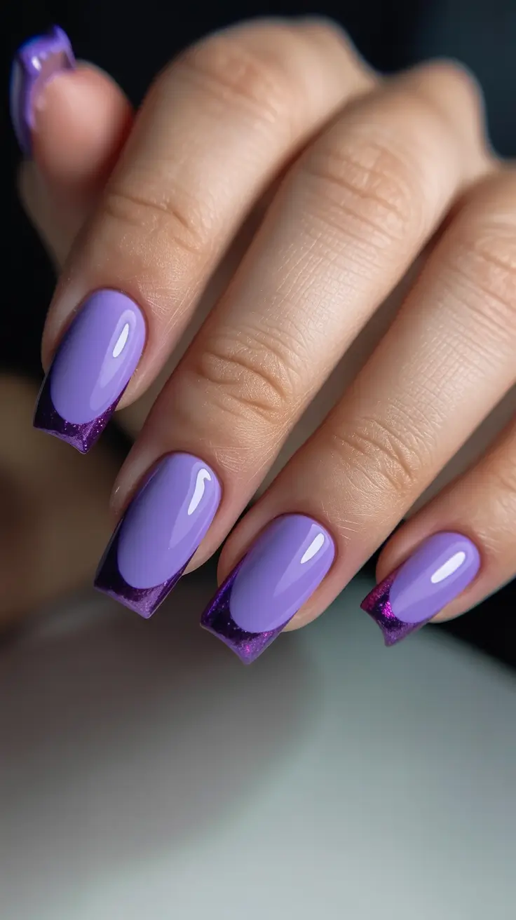 easy spring nails 2026 Lavender Base with Deep Purple Glitter French