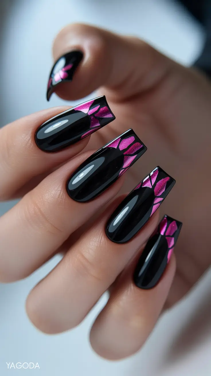 easy spring nails 2026 Black Gloss with Pink Geometric Accent