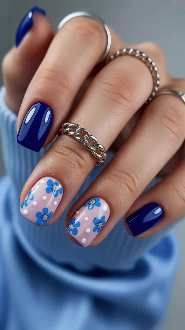 easy spring nails 2026 Royal Blue Gloss with Daisy Accent and Polka Dots