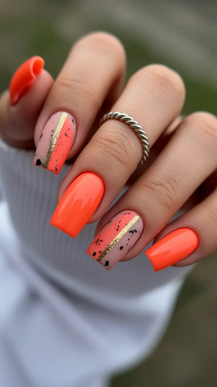 easy spring nails 2026 Neon Coral with Gold Foil Accent