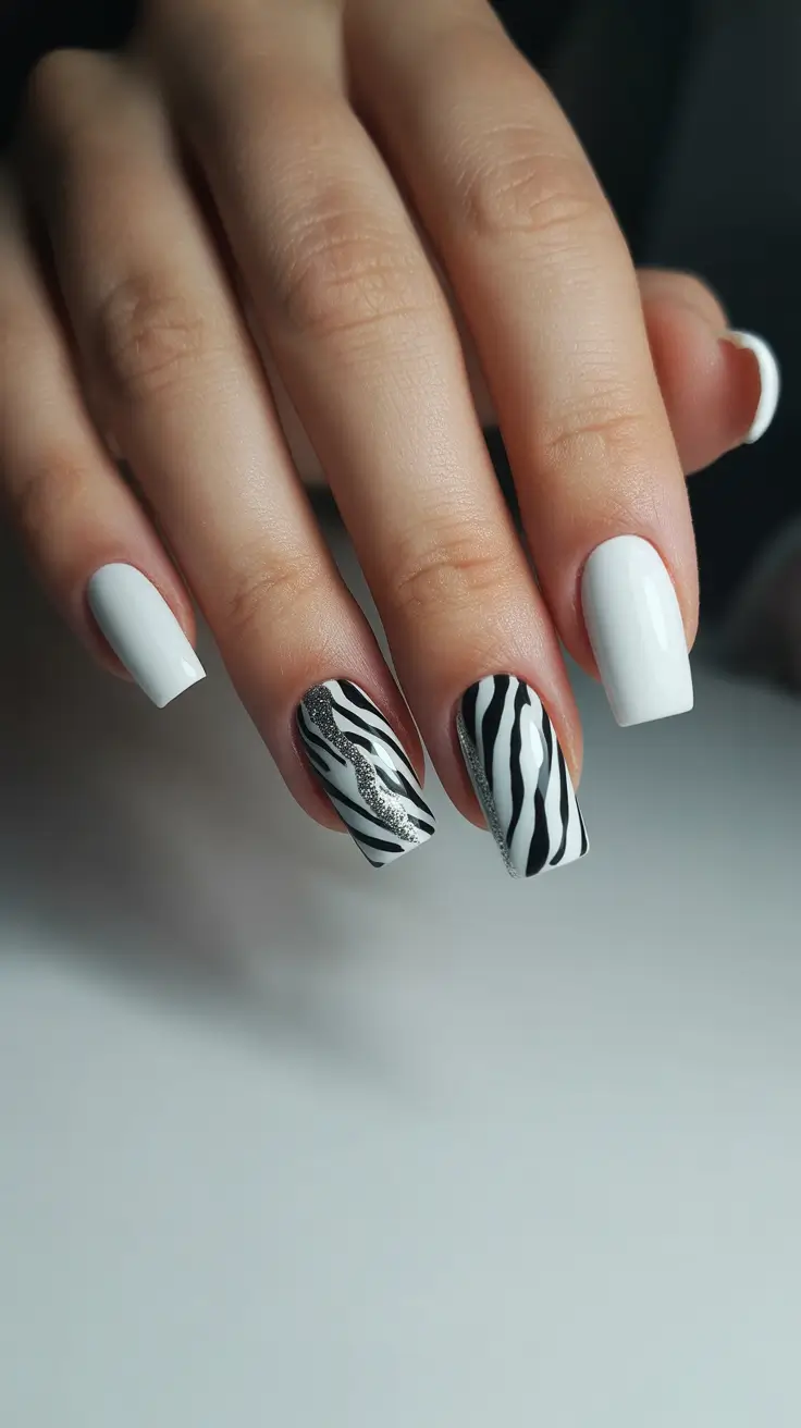 easy spring nails 2026 Modern Zebra with Silver Edge