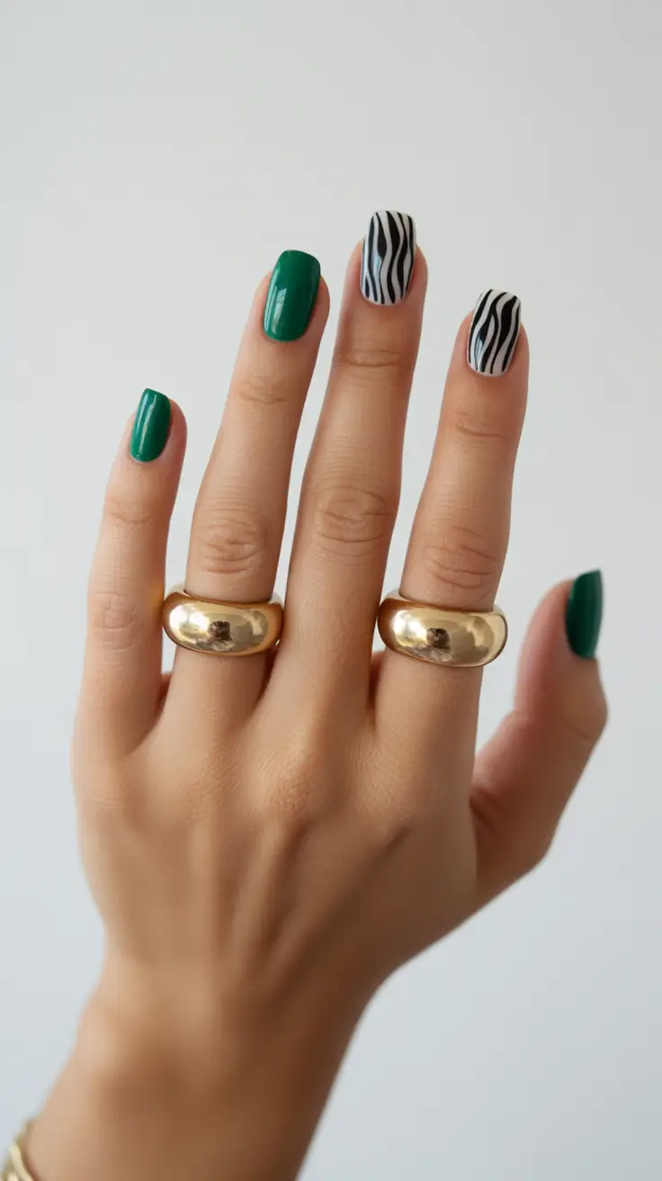 fresh spring nail colors 2026 Emerald & Zebra Contrast: Graphic Meets Gloss