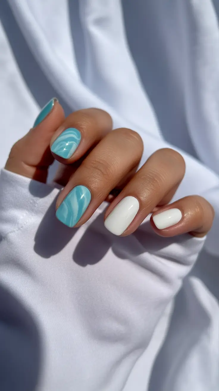 fresh spring nail colors 2026 Turquoise Waves & Crisp White: Ocean-Inspired Contrast