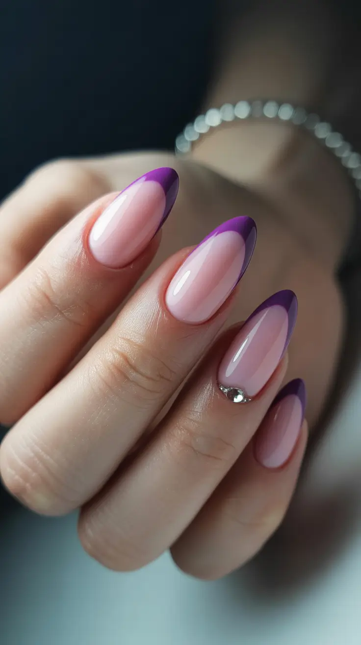 fresh spring nail colors 2026 Lavender French with Crystal Accent: Soft Drama in Bloom