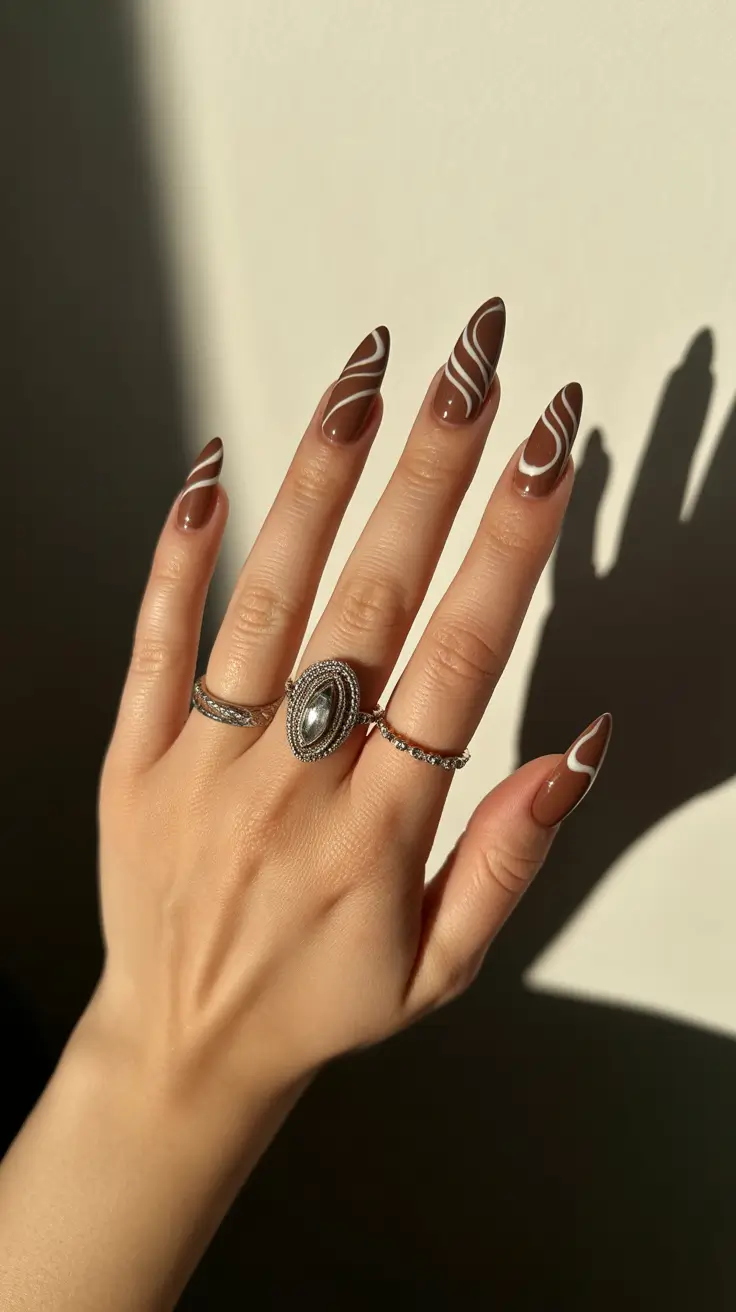 fresh spring nail colors 2026 Chocolate Swirl Almond: Earthy Art Deco Revival