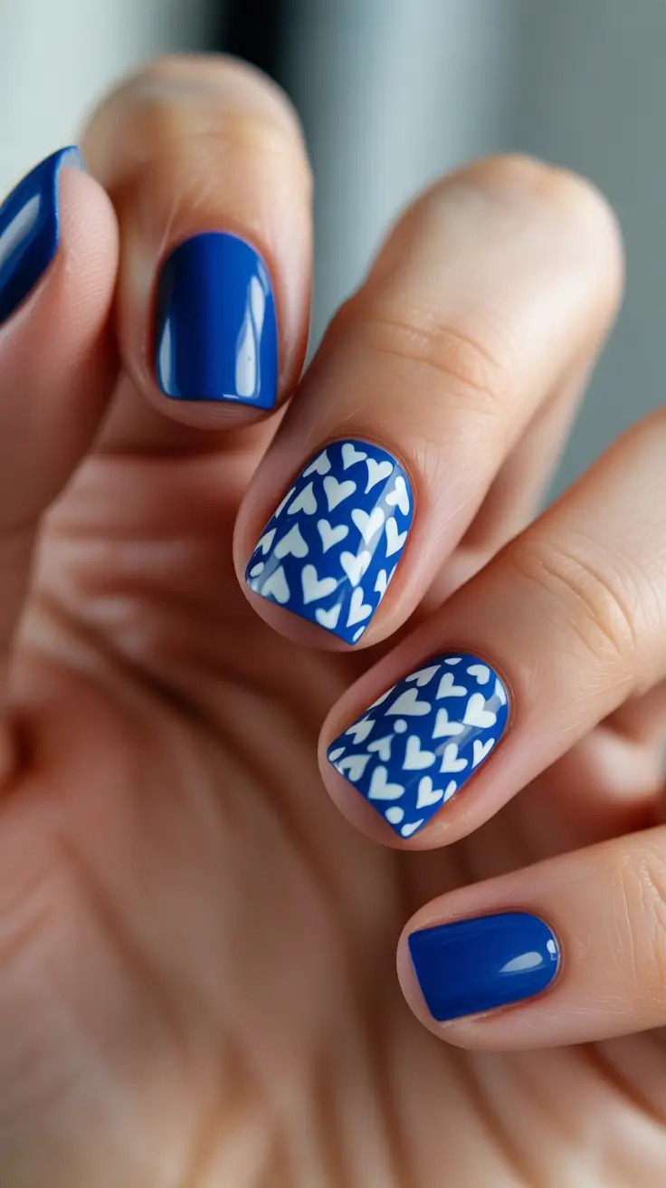 fresh spring nail colors 2026 Cobalt Blue with Heart Accents: Graphic Sweetness
