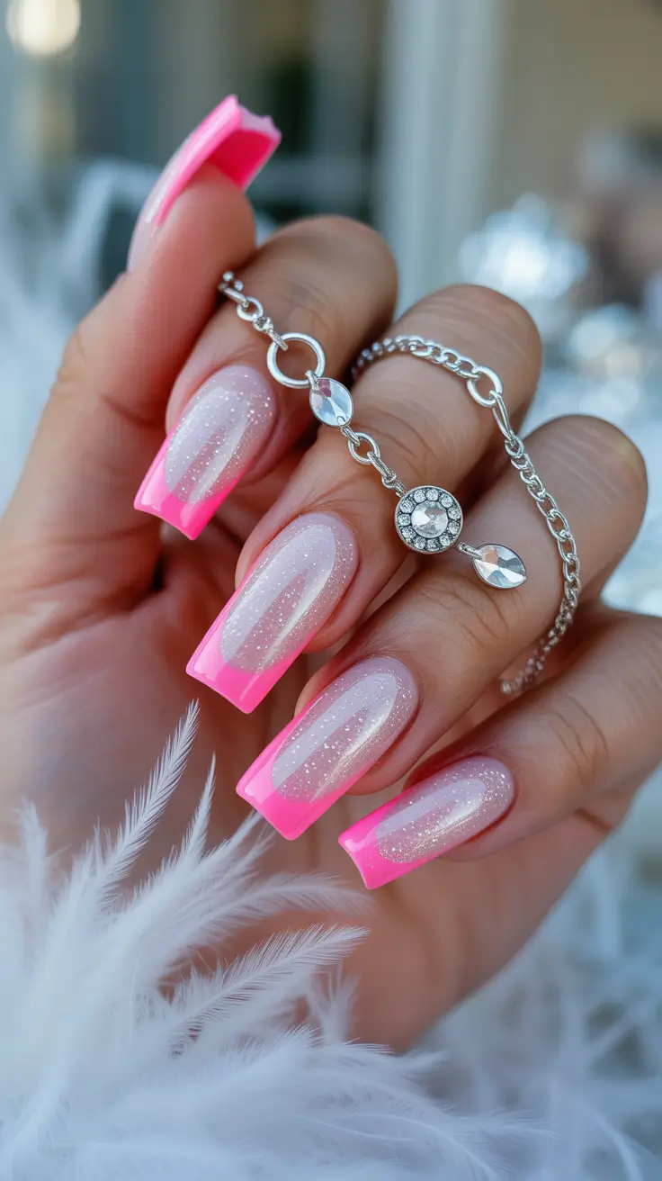 March Nails Color Ideas 2026 Neon Pink French Square
