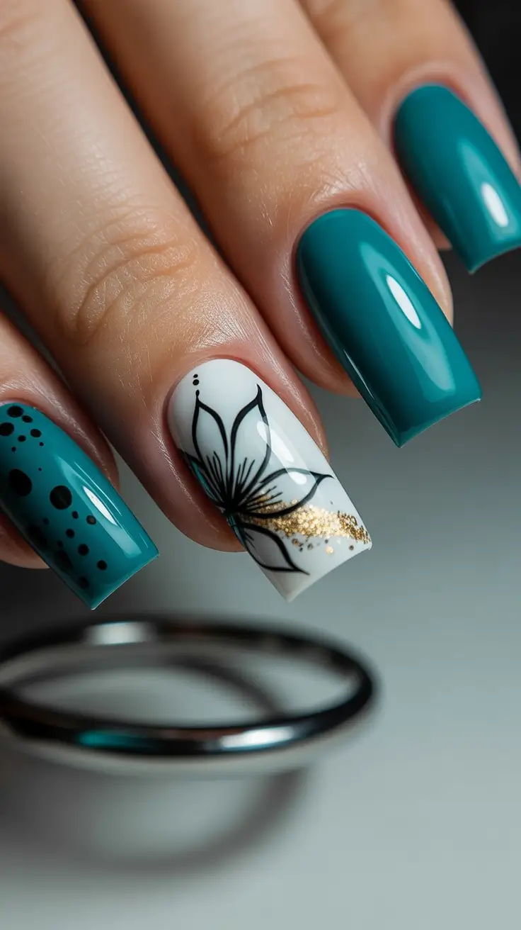 March Nails Color Ideas 2026 Teal Floral Gold Accents