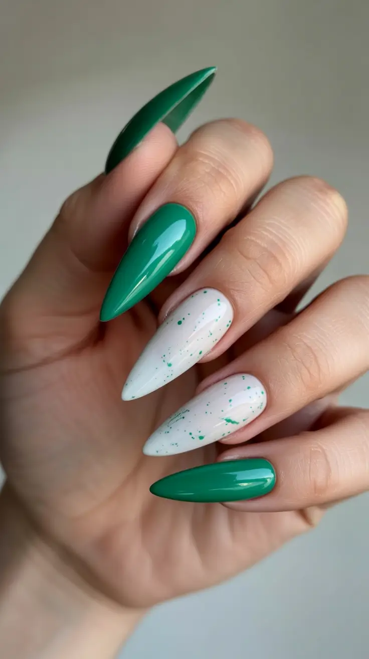 March Nails Color Ideas 2026 Emerald and Speckled White