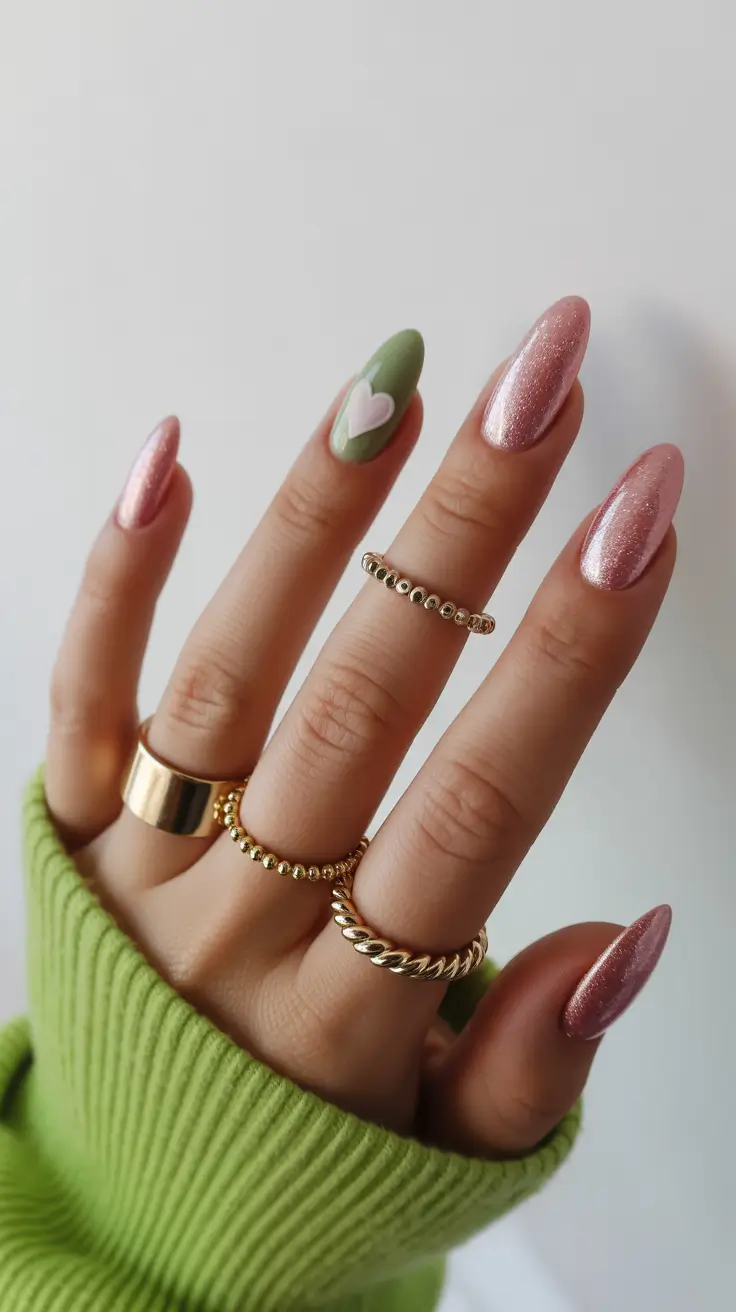 March Nails Color Ideas 2026 Shimmer Pink and Sage Heart Accent
