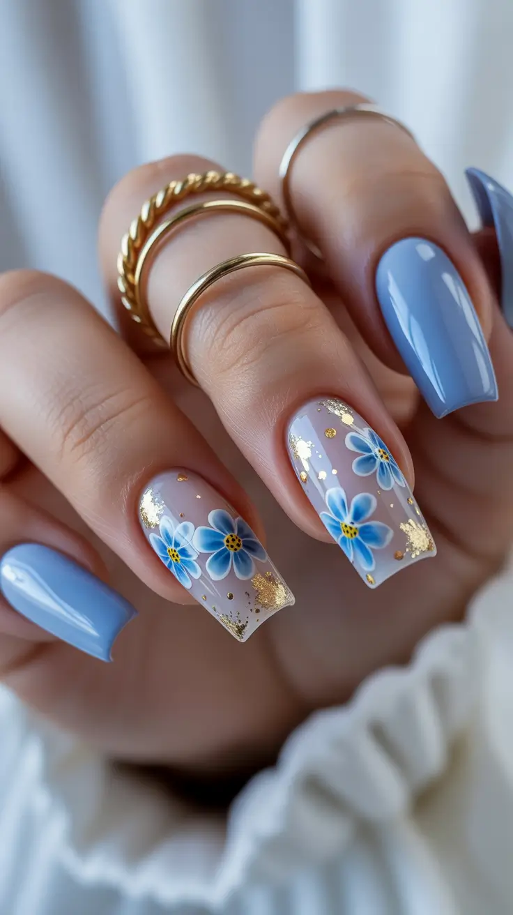 March Nails Color Ideas 2026 Blue Floral Gold Leaf Nails