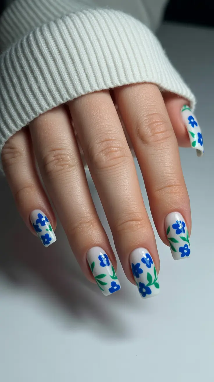 March Nails Ideas 2026 Blue Blossom Garden Touch