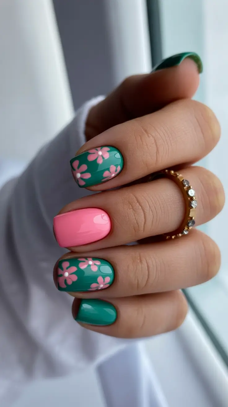 March Nails Ideas 2026 Playful Petal Mix in Green & Pink