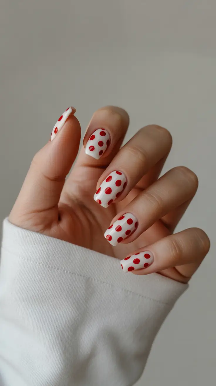 March Nails Ideas 2026 Vintage Red Polka Pop