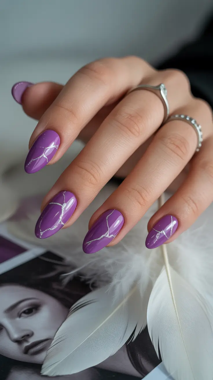 March Nails Ideas 2026 Violet Veins of Silver Light