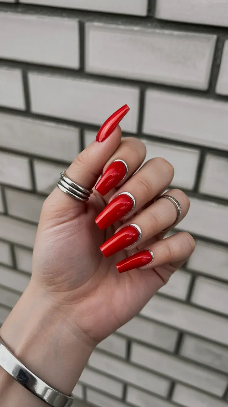 March Nails Ideas 2026 Metal-Edged Scarlet Shine