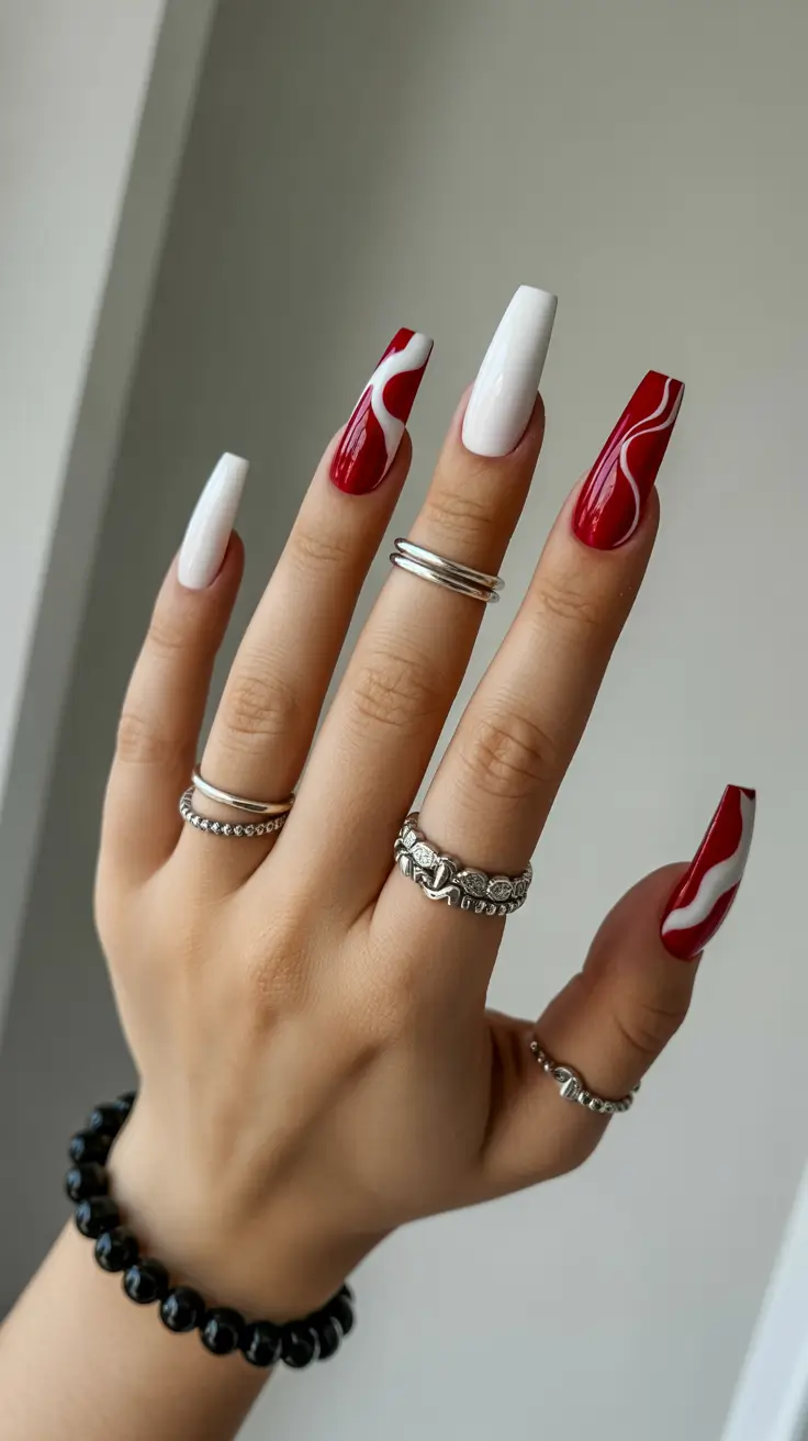 March Nails Ideas 2026 Crisp Red and White Flow