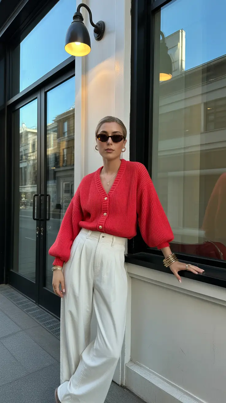 March Outfits Ideas 2026 Cozy-Chic Red Cardigan with Relaxed Neutrals