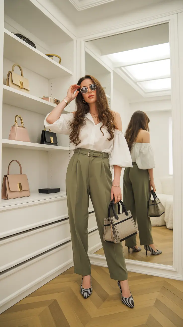 March Outfits Ideas 2026 Tailored Green Trousers with a Spring-Soft Blouse